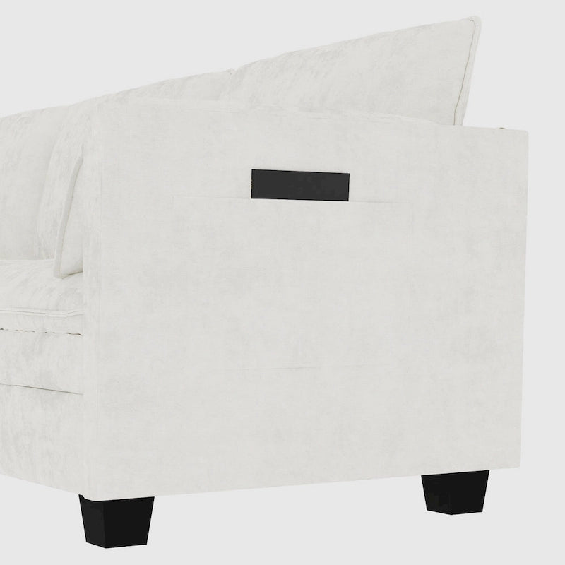 Sofá seccional de tela azul/gris/beige con otomana, 3 plazas