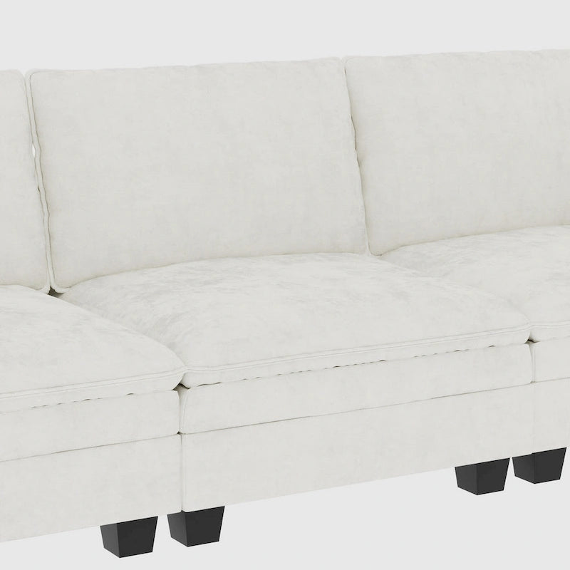 Sofá seccional de tela azul/gris/beige con otomana, 3 plazas