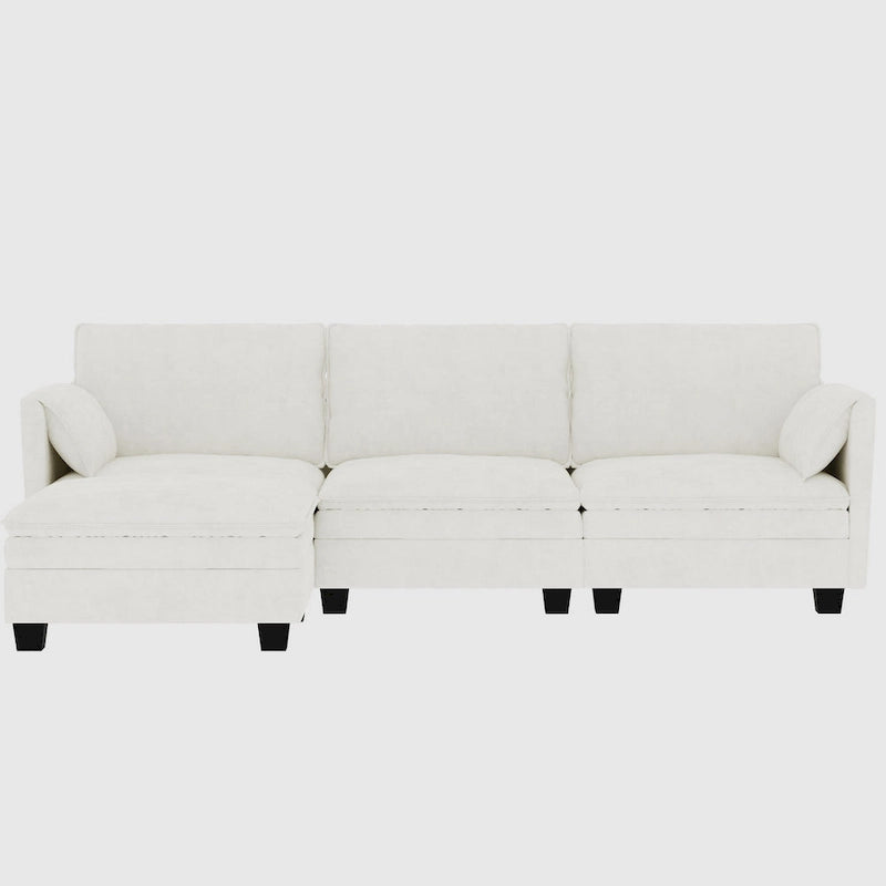 Sofá seccional de tela azul/gris/beige con otomana, 3 plazas