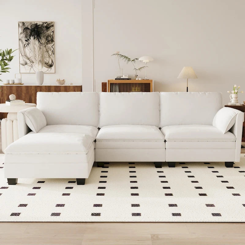 Sofá seccional de tela azul/gris/beige con otomana, 3 plazas
