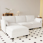 Sofá seccional de tela azul/gris/beige con otomana, 3 plazas
