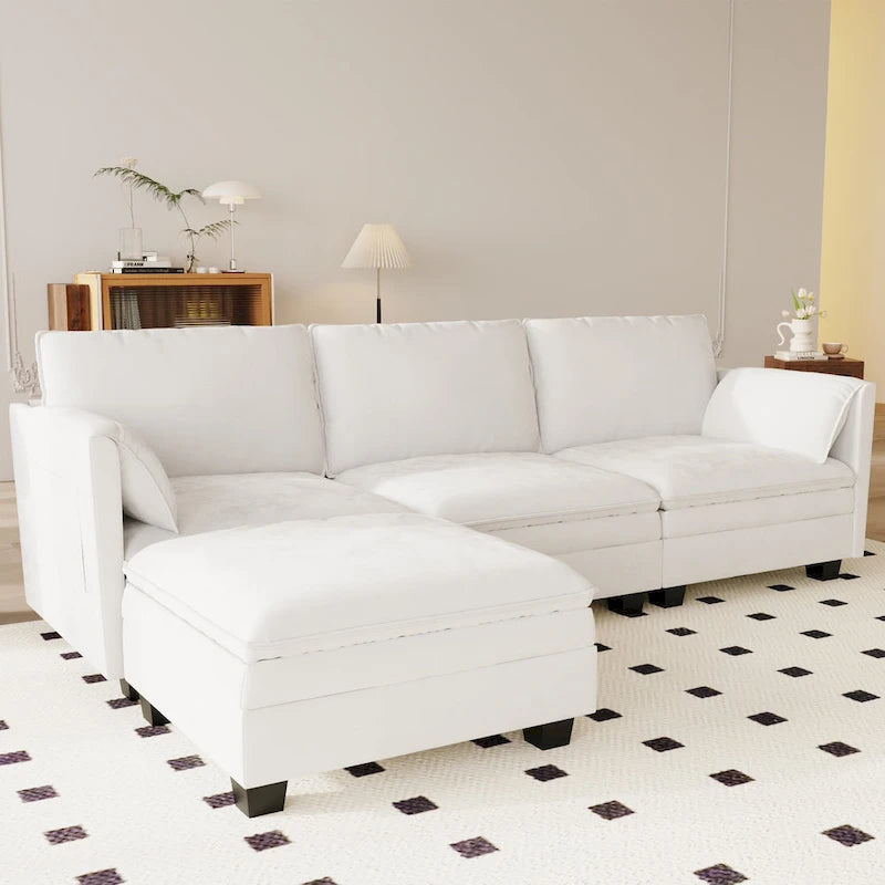 Sofá seccional de tela azul/gris/beige con otomana, 3 plazas