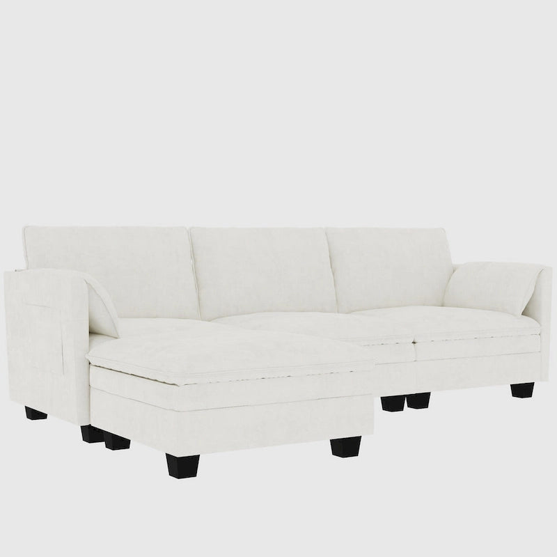 Sofá seccional de tela azul/gris/beige con otomana, 3 plazas