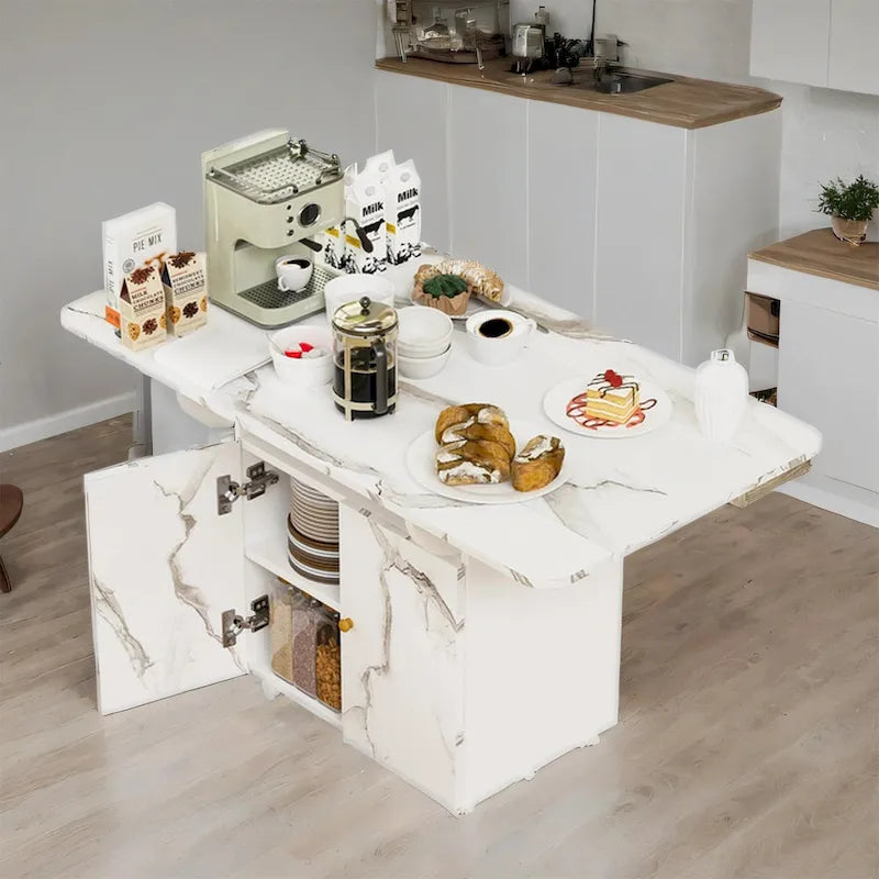 Isla de cocina plegable con apariencia de mármol blanco, para 4 a 6 personas