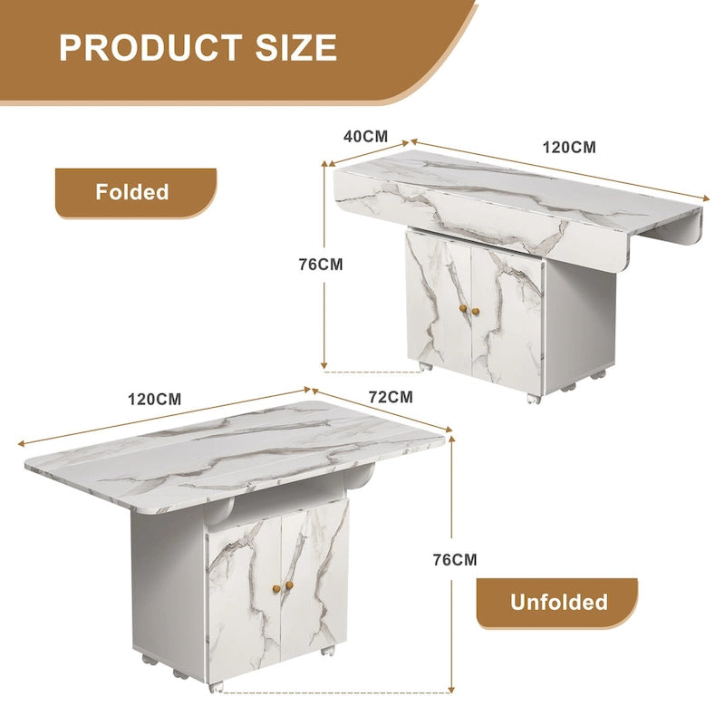 Isla de cocina plegable con apariencia de mármol blanco, para 4 a 6 personas