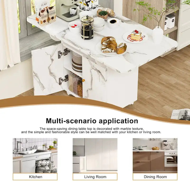 Isla de cocina plegable con apariencia de mármol blanco, para 4 a 6 personas
