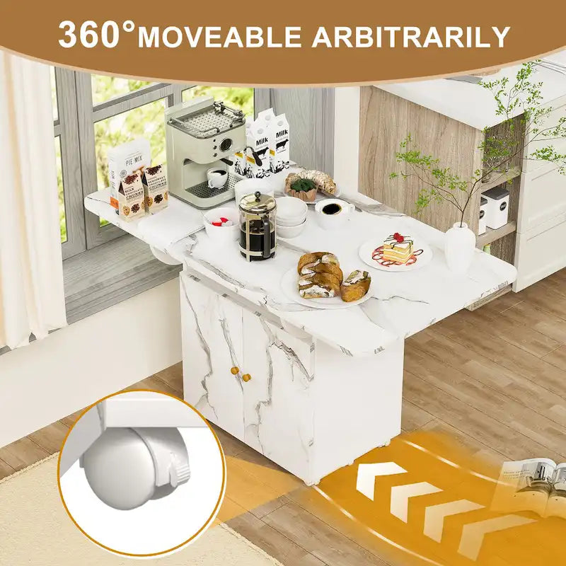 Isla de cocina plegable con apariencia de mármol blanco, para 4 a 6 personas