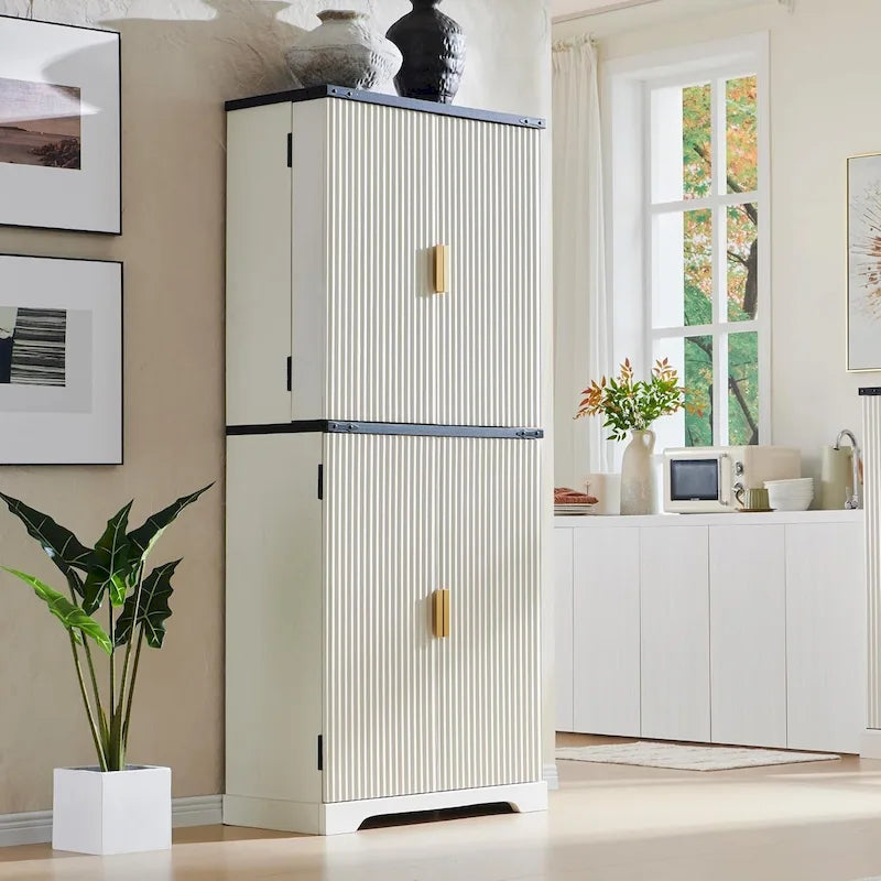 Alacena moderna estriada alta de 72 pulgadas, gabinete de almacenamiento con 4 puertas