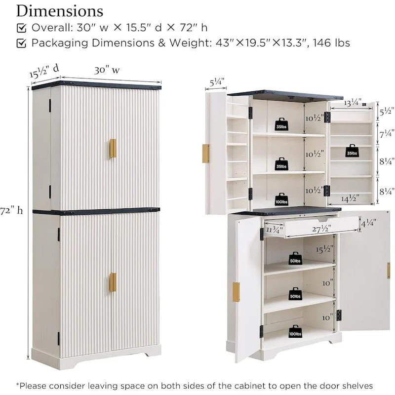 Alacena moderna estriada alta de 72 pulgadas, gabinete de almacenamiento con 4 puertas