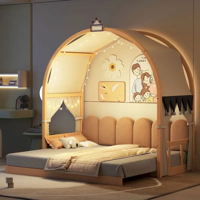 Cama de plataforma de madera maciza para juegos, cama Montessori con techo arqueado y nido para niñas y niños