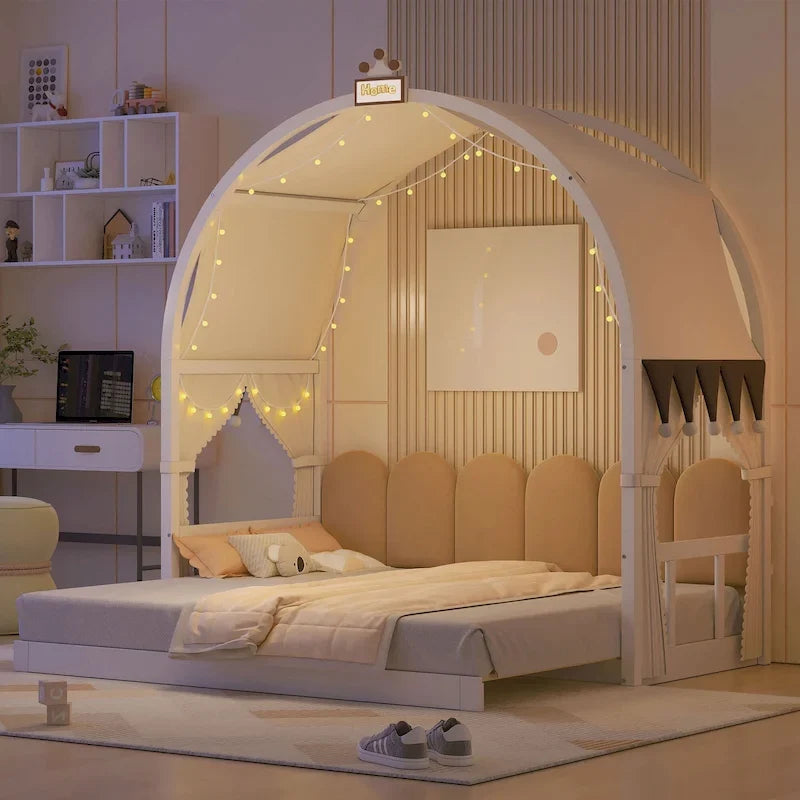 Cama de plataforma de madera maciza para juegos, cama Montessori con techo arqueado y nido para niñas y niños