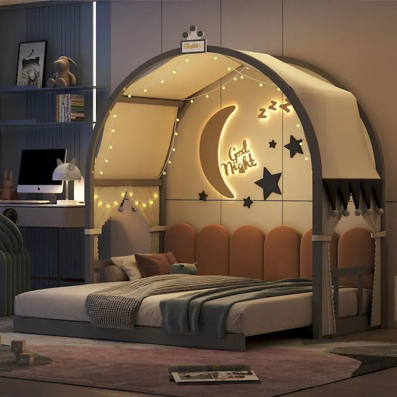 Cama de plataforma de madera maciza para juegos, cama Montessori con techo arqueado y nido para niñas y niños