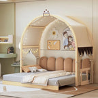 Cama de plataforma de madera maciza para juegos, cama Montessori con techo arqueado y nido para niñas y niños