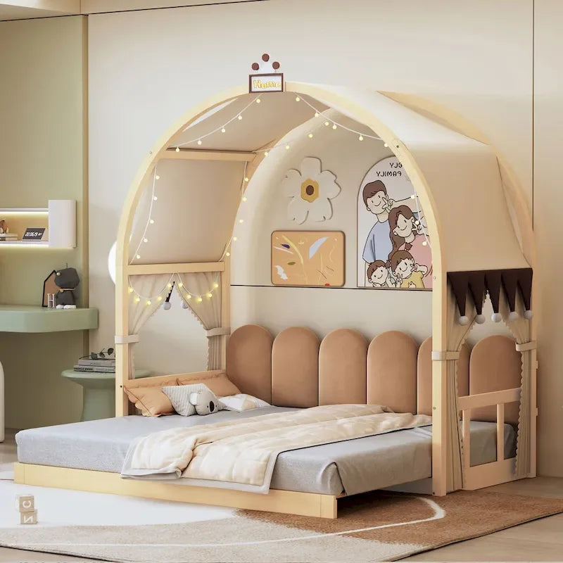 Cama de plataforma de madera maciza para juegos, cama Montessori con techo arqueado y nido para niñas y niños