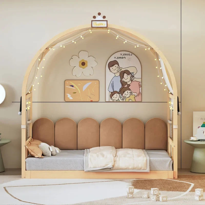 Cama de plataforma de madera maciza para juegos, cama Montessori con techo arqueado y nido para niñas y niños