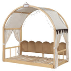 Cama de plataforma de madera maciza para juegos, cama Montessori con techo arqueado y nido para niñas y niños