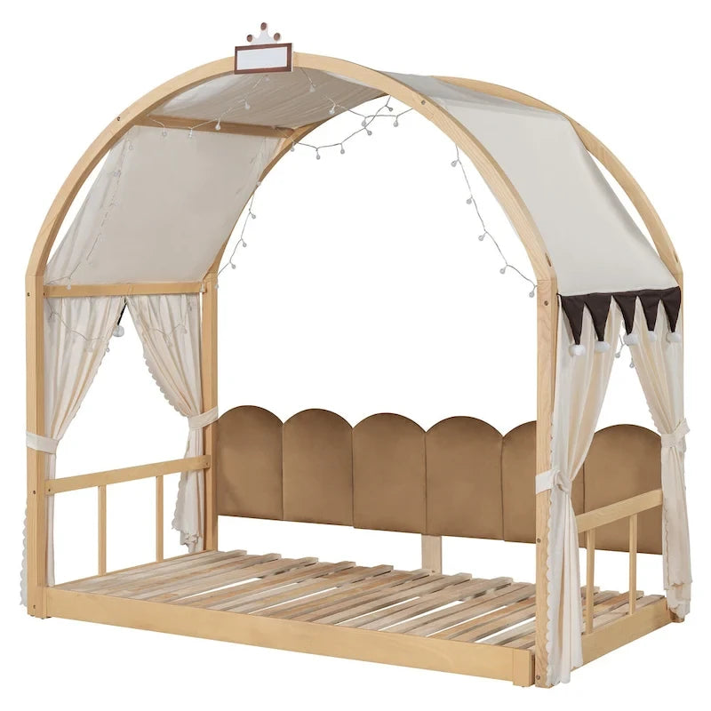Cama de plataforma de madera maciza para juegos, cama Montessori con techo arqueado y nido para niñas y niños