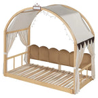 Cama de plataforma de madera maciza para juegos, cama Montessori con techo arqueado y nido para niñas y niños