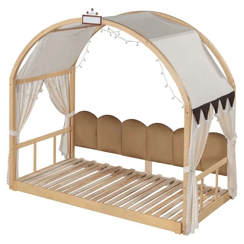 Cama de plataforma de madera maciza para juegos, cama Montessori con techo arqueado y nido para niñas y niños