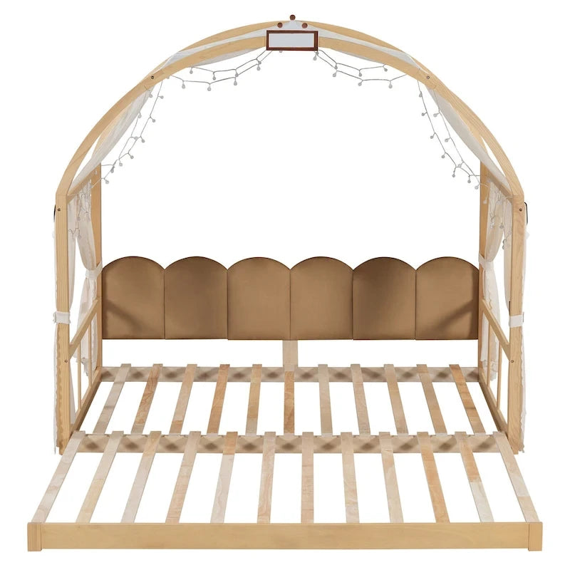 Cama de plataforma de madera maciza para juegos, cama Montessori con techo arqueado y nido para niñas y niños