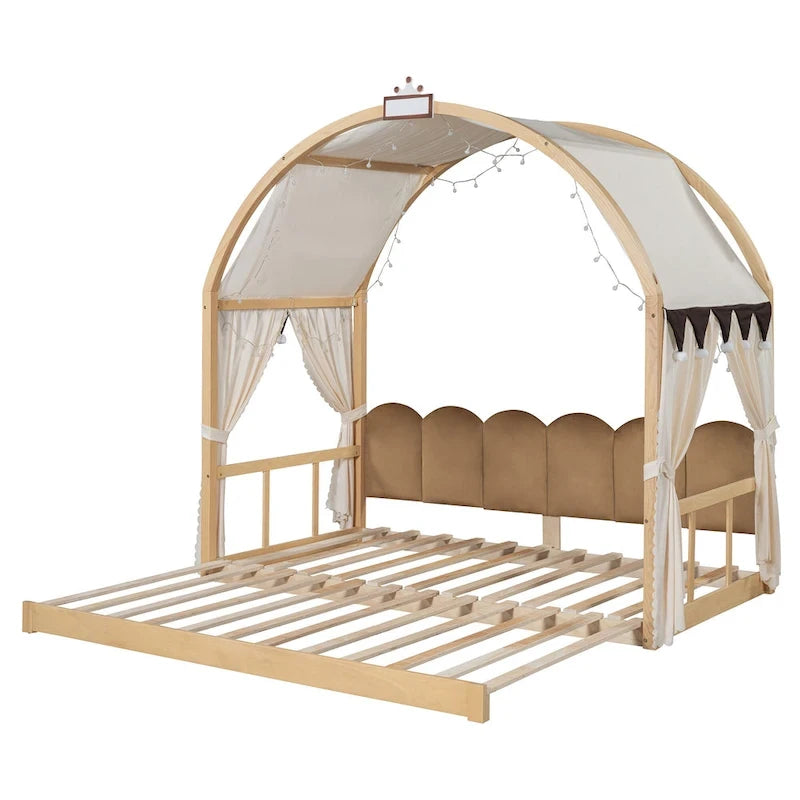 Cama de plataforma de madera maciza para juegos, cama Montessori con techo arqueado y nido para niñas y niños