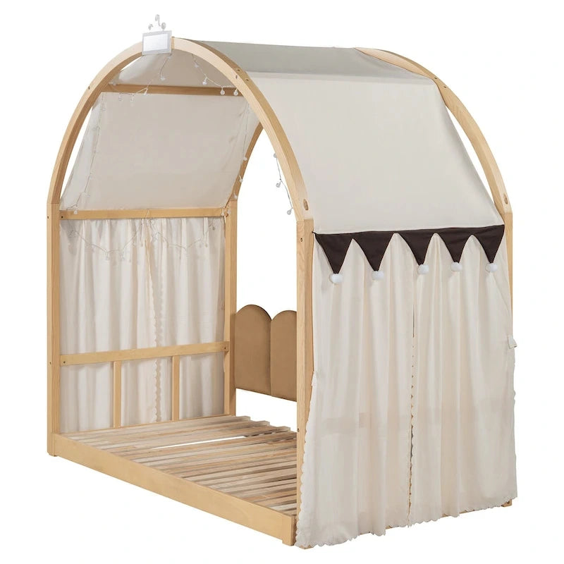 Cama de plataforma de madera maciza para juegos, cama Montessori con techo arqueado y nido para niñas y niños