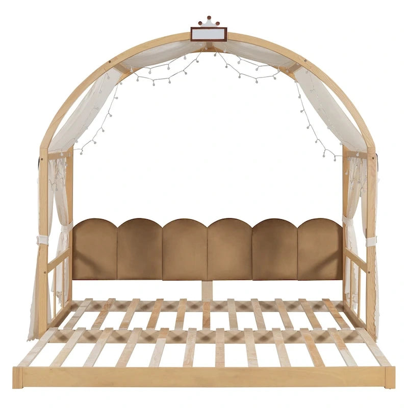 Cama de plataforma de madera maciza para juegos, cama Montessori con techo arqueado y nido para niñas y niños