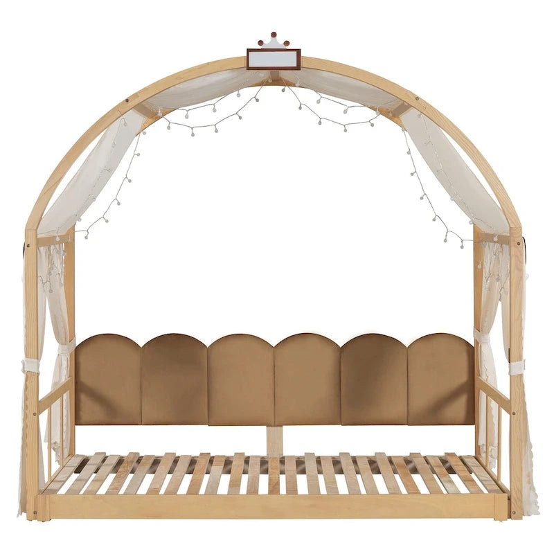 Cama de plataforma de madera maciza para juegos, cama Montessori con techo arqueado y nido para niñas y niños