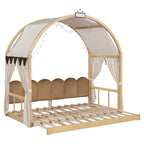 Cama de plataforma de madera maciza para juegos, cama Montessori con techo arqueado y nido para niñas y niños