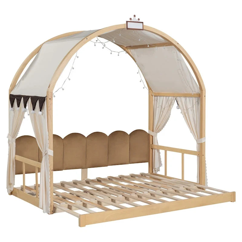 Cama de plataforma de madera maciza para juegos, cama Montessori con techo arqueado y nido para niñas y niños