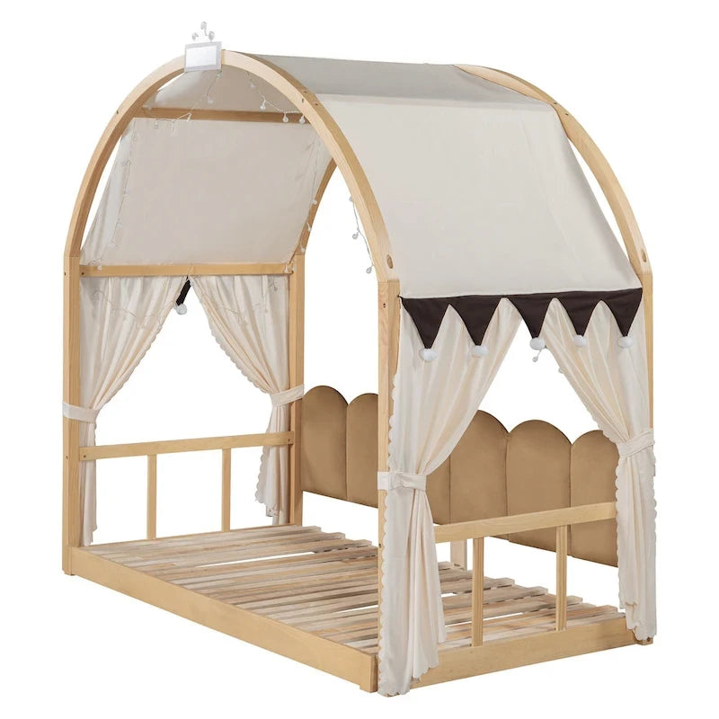 Cama de plataforma de madera maciza para juegos, cama Montessori con techo arqueado y nido para niñas y niños