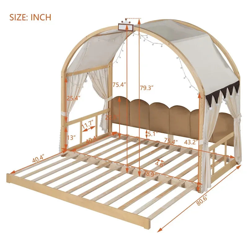 Cama de plataforma de madera maciza para juegos, cama Montessori con techo arqueado y nido para niñas y niños