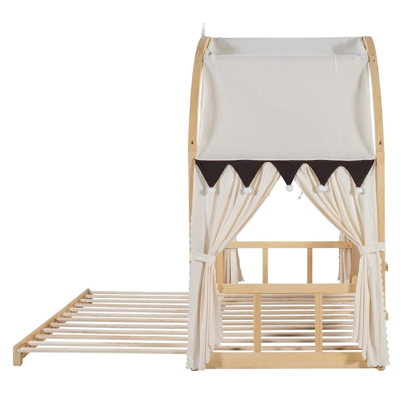 Cama de plataforma de madera maciza para juegos, cama Montessori con techo arqueado y nido para niñas y niños