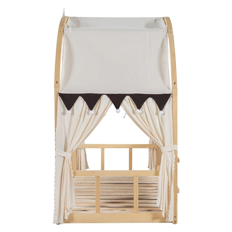 Cama de plataforma de madera maciza para juegos, cama Montessori con techo arqueado y nido para niñas y niños