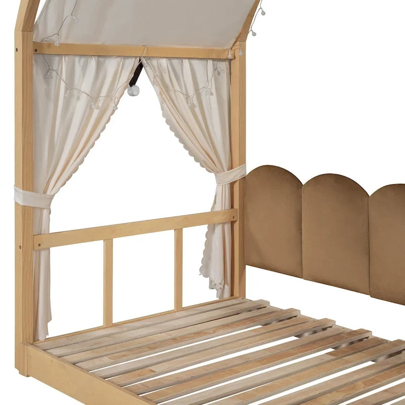 Cama de plataforma de madera maciza para juegos, cama Montessori con techo arqueado y nido para niñas y niños