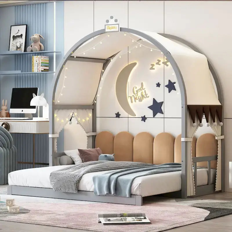 Cama de plataforma de madera maciza para juegos, cama Montessori con techo arqueado y nido para niñas y niños