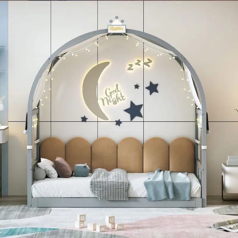 Cama de plataforma de madera maciza para juegos, cama Montessori con techo arqueado y nido para niñas y niños