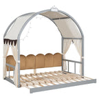 Cama de plataforma de madera maciza para juegos, cama Montessori con techo arqueado y nido para niñas y niños