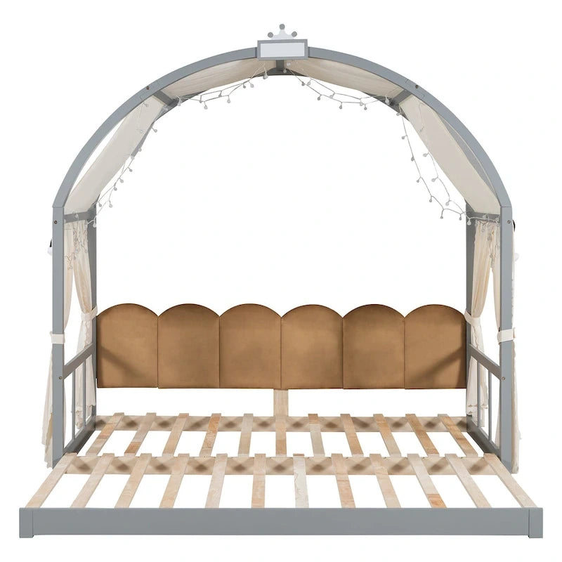 Cama de plataforma de madera maciza para juegos, cama Montessori con techo arqueado y nido para niñas y niños