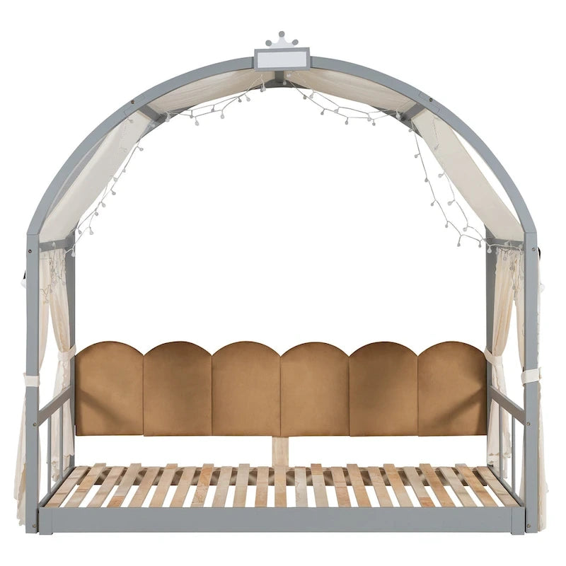 Cama de plataforma de madera maciza para juegos, cama Montessori con techo arqueado y nido para niñas y niños