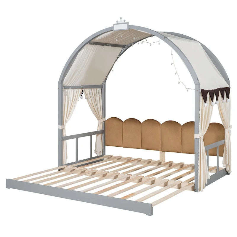 Cama de plataforma de madera maciza para juegos, cama Montessori con techo arqueado y nido para niñas y niños