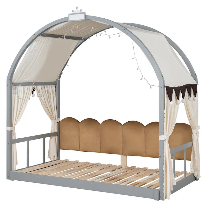Cama de plataforma de madera maciza para juegos, cama Montessori con techo arqueado y nido para niñas y niños