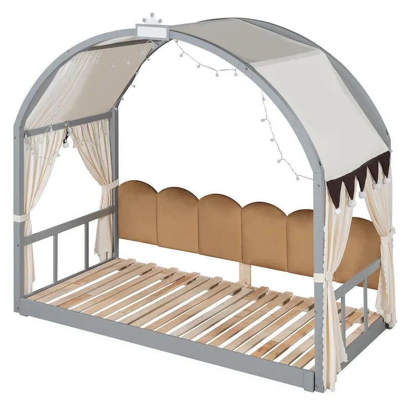 Cama de plataforma de madera maciza para juegos, cama Montessori con techo arqueado y nido para niñas y niños