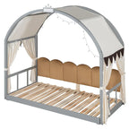 Cama de plataforma de madera maciza para juegos, cama Montessori con techo arqueado y nido para niñas y niños
