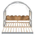 Cama de plataforma de madera maciza para juegos, cama Montessori con techo arqueado y nido para niñas y niños