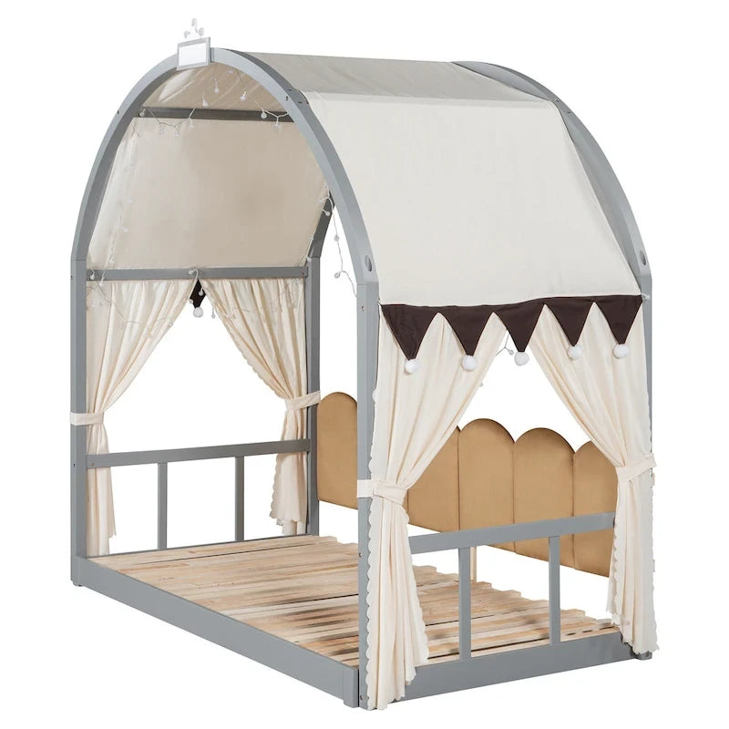 Cama de plataforma de madera maciza para juegos, cama Montessori con techo arqueado y nido para niñas y niños