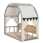 Cama de plataforma de madera maciza para juegos, cama Montessori con techo arqueado y nido para niñas y niños