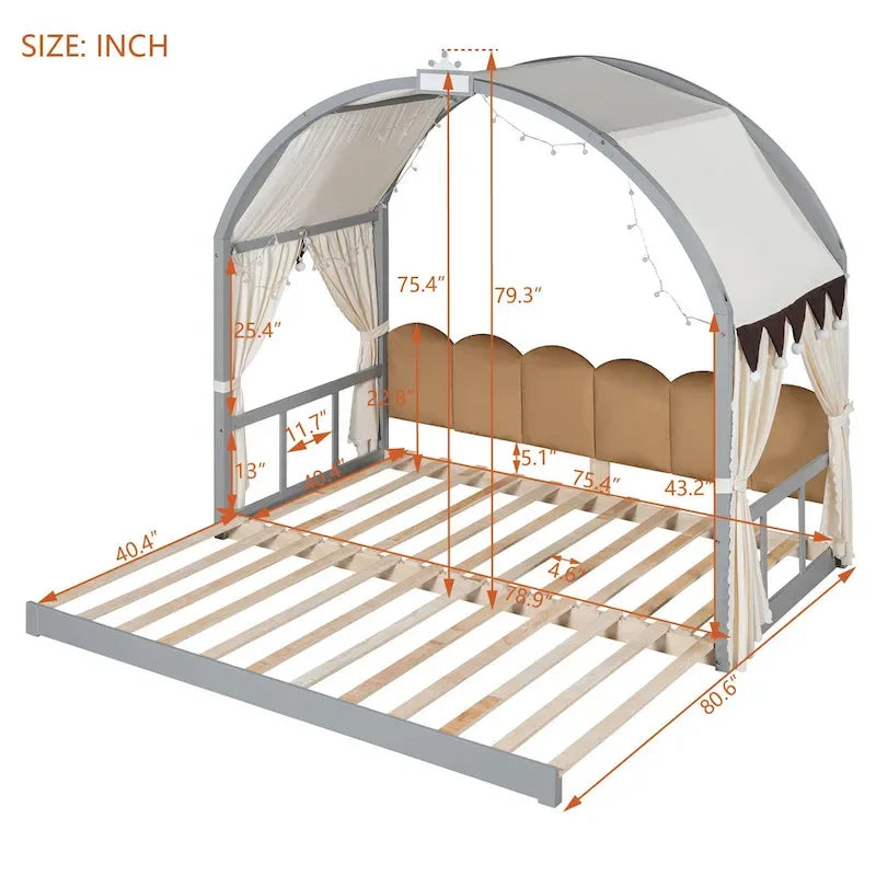 Cama de plataforma de madera maciza para juegos, cama Montessori con techo arqueado y nido para niñas y niños
