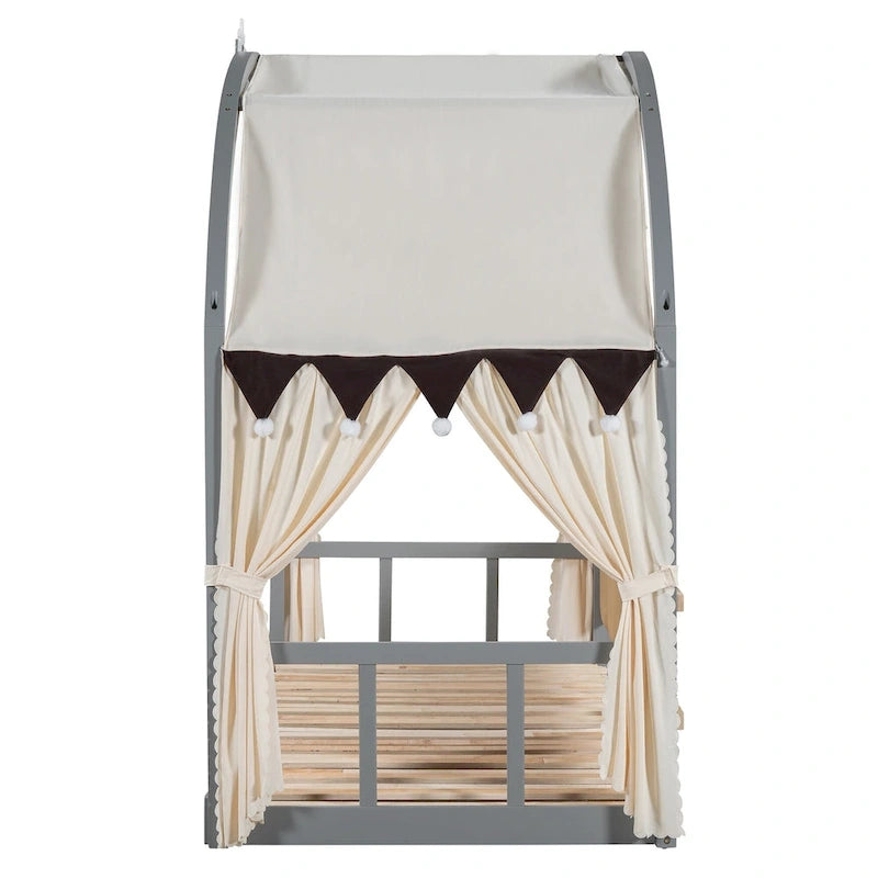 Cama de plataforma de madera maciza para juegos, cama Montessori con techo arqueado y nido para niñas y niños