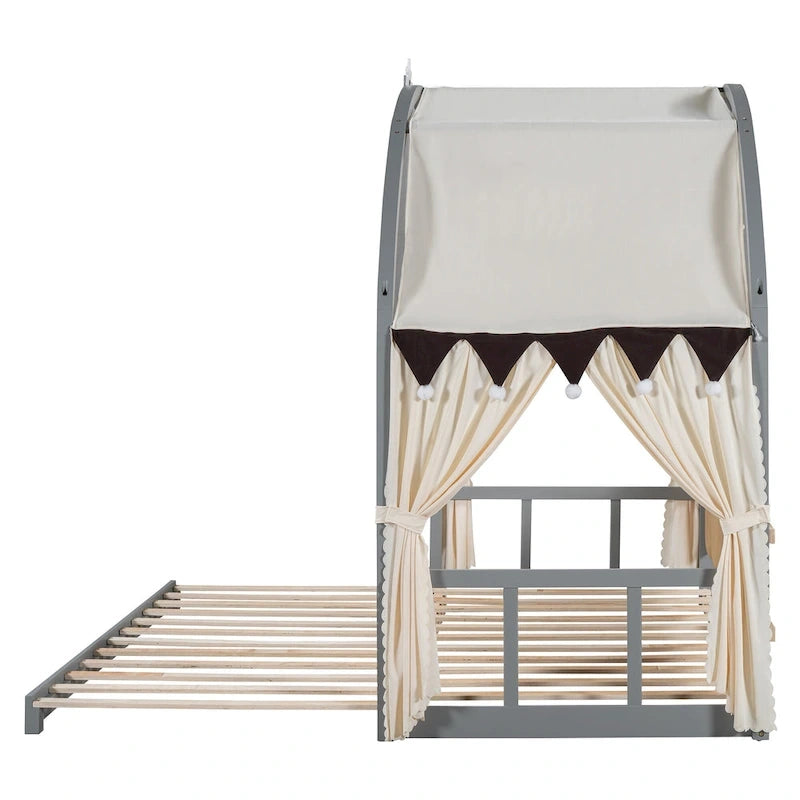 Cama de plataforma de madera maciza para juegos, cama Montessori con techo arqueado y nido para niñas y niños